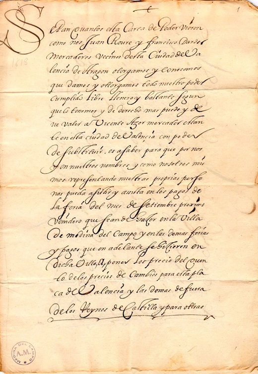 Carta de poder otorgada entre mercaderes para representarse en la feria de Medina del Campo. Carta de poder otorgada entre mercaderes para representarse en la feria de Medina del Campo.